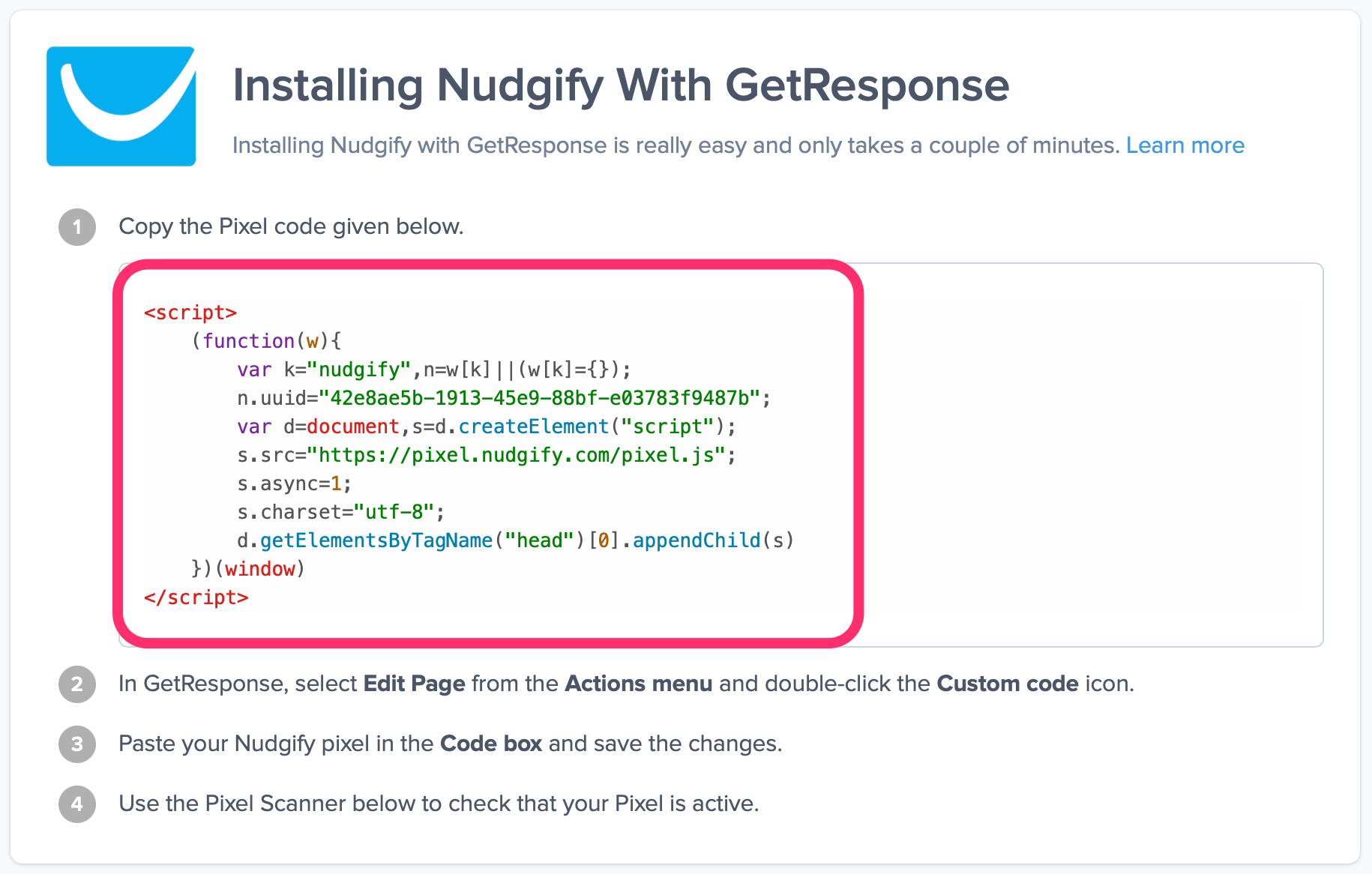 add nudgify pixel with get response