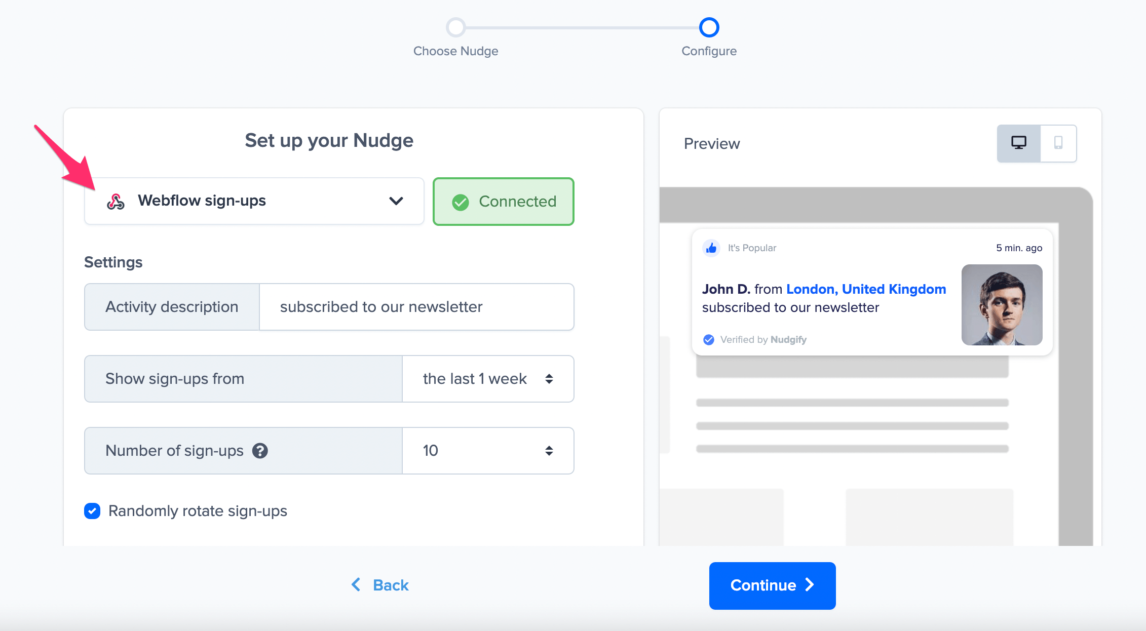 webflow sign-up nudge