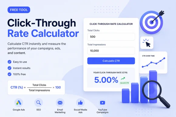 Free click-through rate calculator showing CTR formula and campaign performance metrics