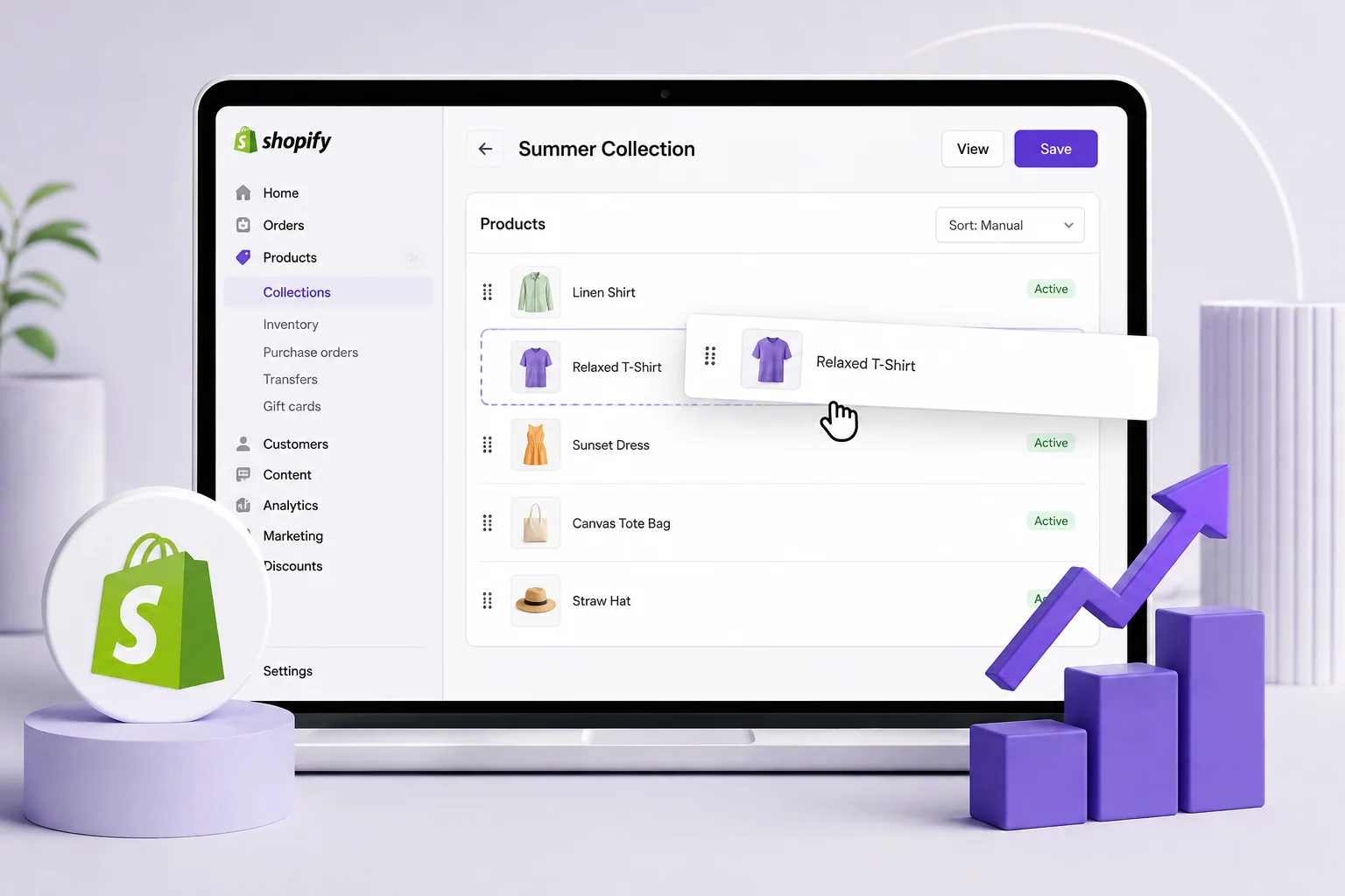 Shopify product collection showing how to change product order